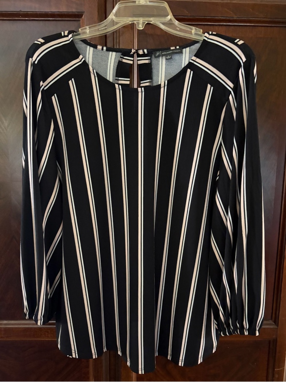 Adrianna Papell Black, Light Pink and White Striped Knit Top